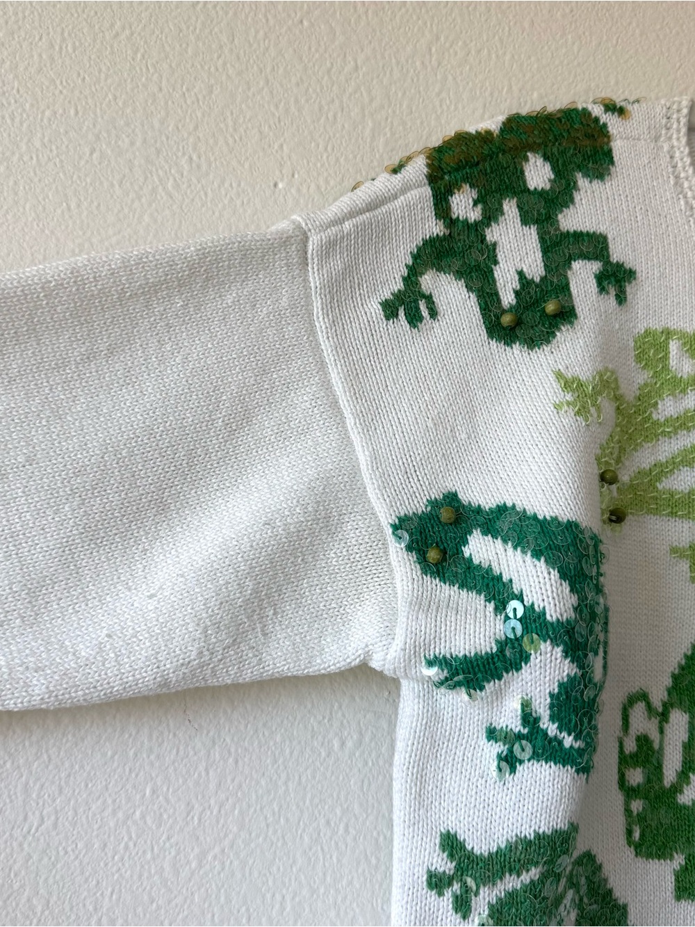Vintage Janes Closet Frog Lily Pad Sequin Cardigan Sweater Art to Wear - Picture 3 of 12